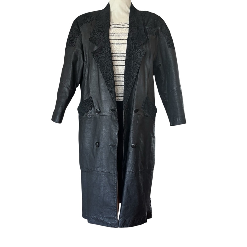 Vintage Leather Black Paisley Full-Length Women’s Coat Medium Trench Retro